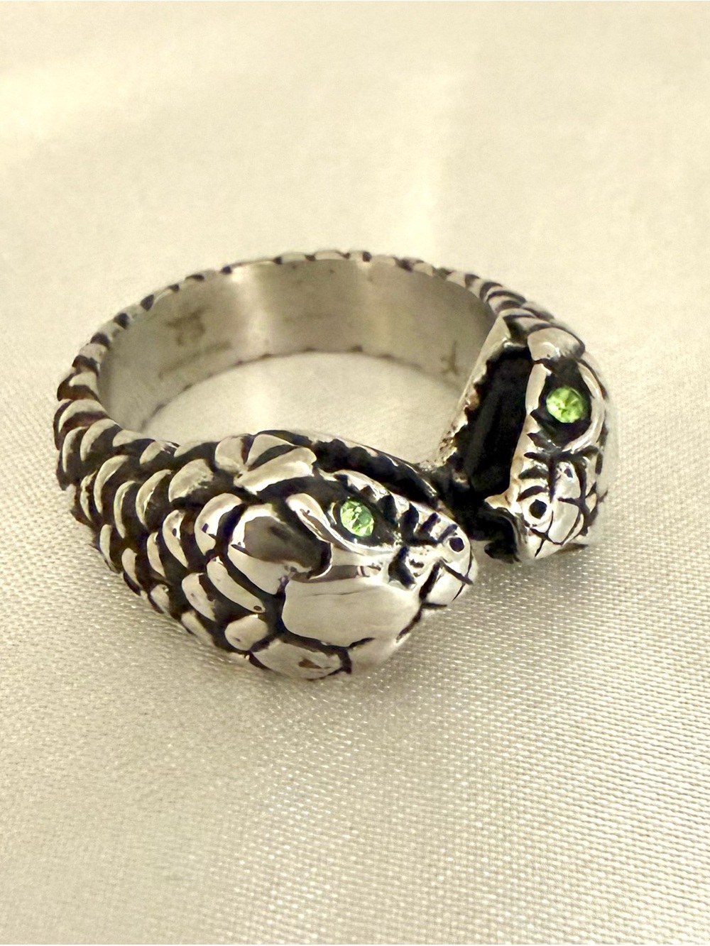 Blackjack Stainless Steel Twin Snake Wrap Ring Green CZ Eyes Gothic Unisex Sz 9